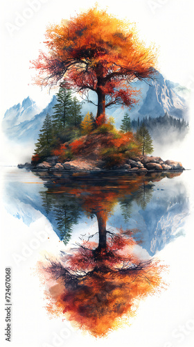 A beautiful fantasy landscape on a white background. Mountains, trees, fog. Watercolor painting. Abstract intricate splashes of paint on a white background. Generative AI. © Andrey Shtepa
