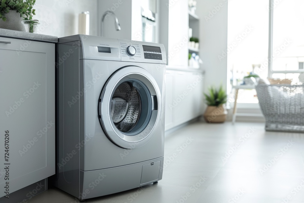 Gray laundry room with a modern washing machine Gray laundry room with a modern washing machine