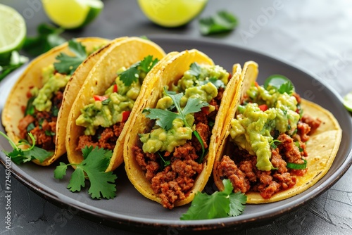 Gray plate with tacos fried minced meat and guacamole Mexican food and lime slices on a gray background photo