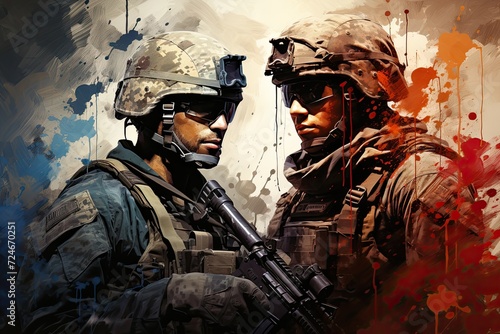Brave Soldiers Standing Tall Amidst Abstract Artistic Warfare