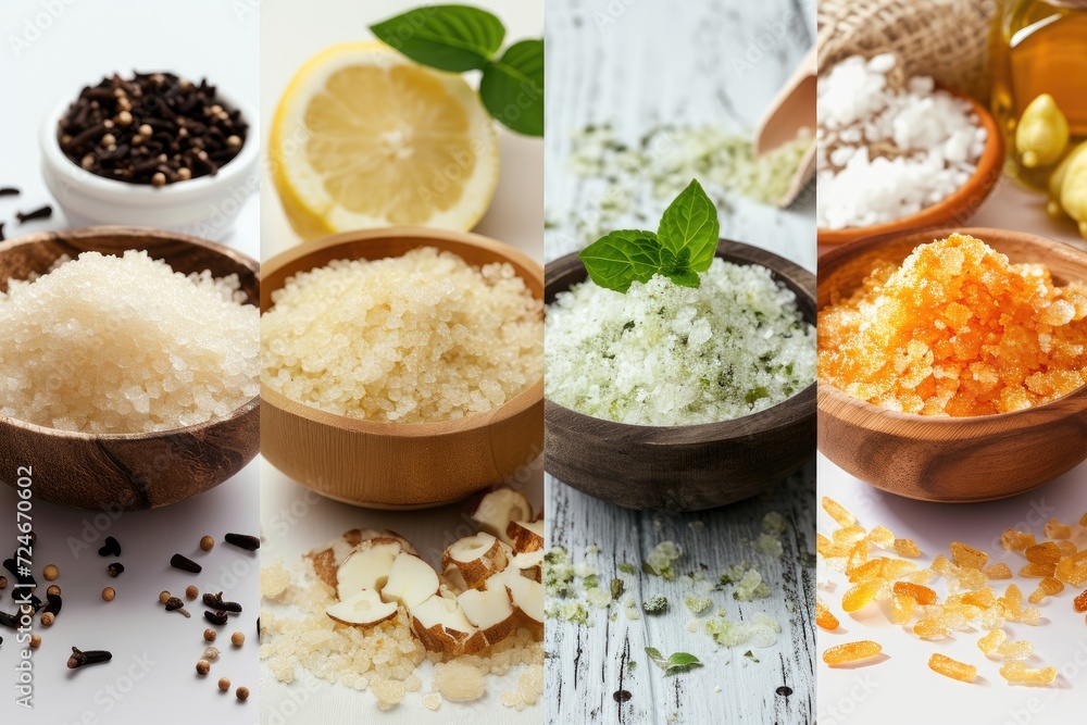 Large collection of facial and body exfoliants seen from above Large collection of facial and body exfoliants seen from above