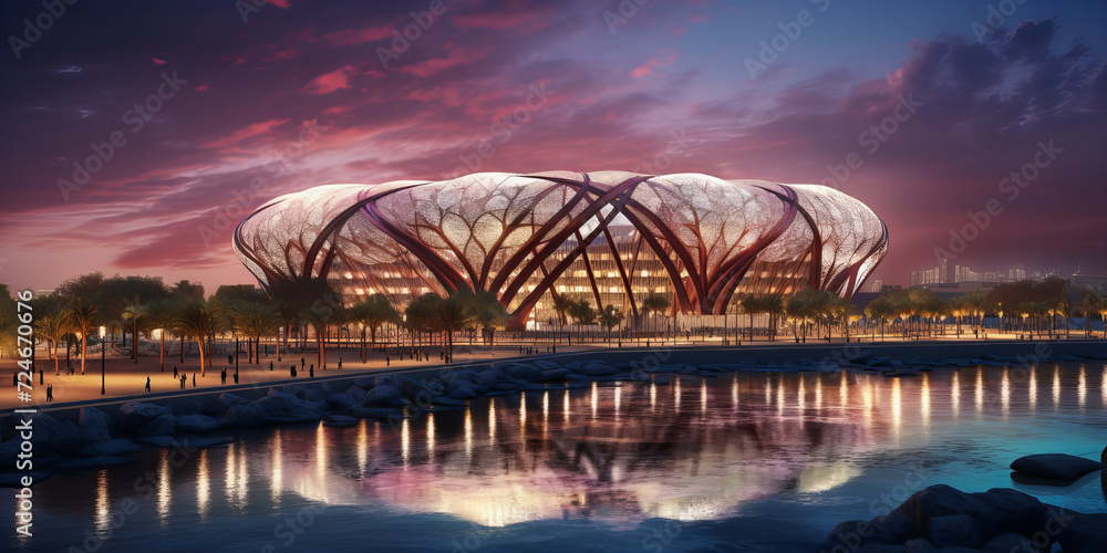 A big modern soccer arena in the night.