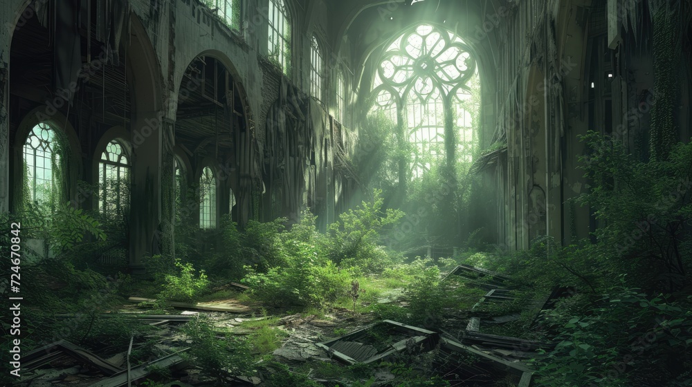 Gothic church interior with ruins and green foliage