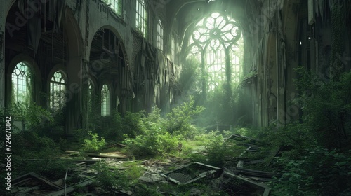 Gothic church interior with ruins and green foliage © MrHamster