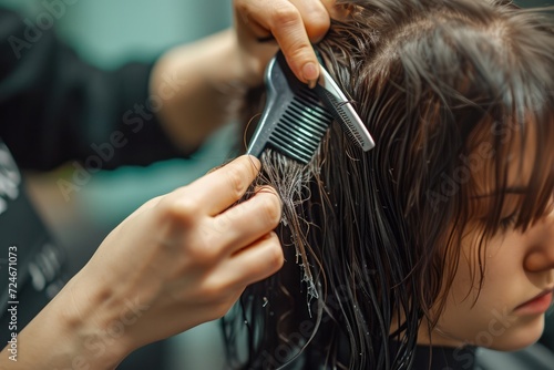 Woman hairdresser using scissors and a comb cuts hair of a teenager in a salon 