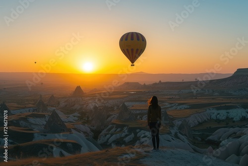 Woman, Air Vehicle, Cappadocia, Hot Air Balloon, Sunrise - Dawn, Turkey - Middle East 