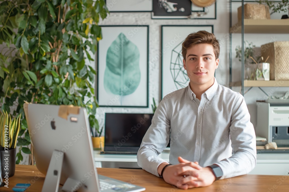 Naklejka premium Young entrepreneur posing in his home office setup
