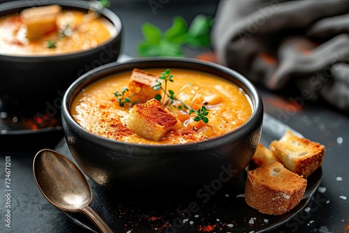 Lentil soup with paprika and croutons in black bowls on dark background