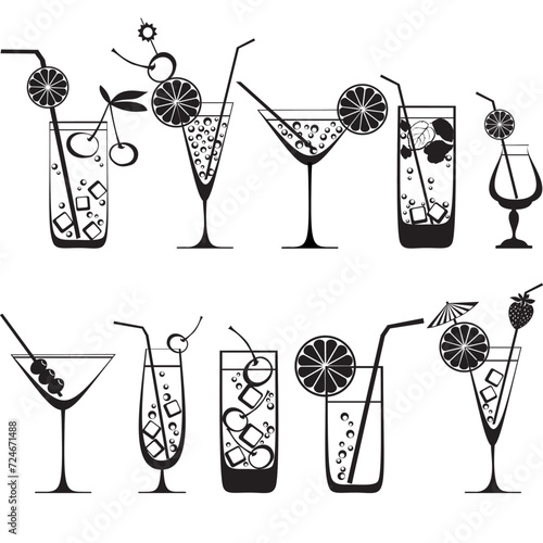 Cocktail Collection Isolated on White Background. Cocktails alcoholic daiquiri, old fashioned, manhattan, martini, sidecar glass hand drawn engraving vector illustration. 