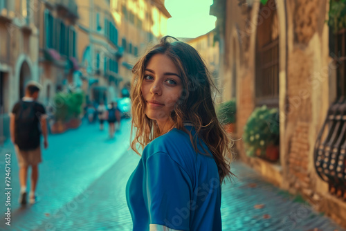 Urban Patriotism: An Attractive Italian Girl, Wearing the National Team Blue Jersey, Roams the Streets, Patriotism, Football Festivities, and the Excitement of Euro and world Cup tournment  photo