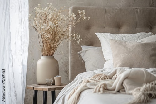 Modern house interior details. Simple cozy beige bedroom interior with bed headboard, linen bedding, bedside table and natural decorations, closeup. Generative AI 