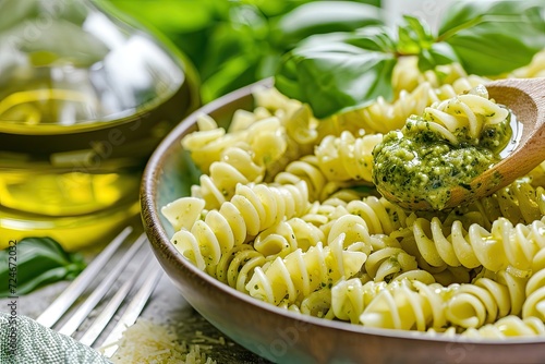 Macro photography of large fusilli pasta with basil pesto sauce olive oil Parmesan cheese semolina fork and background