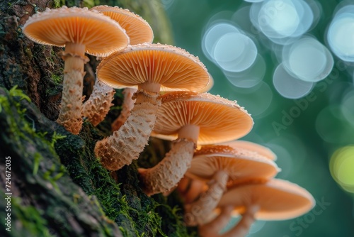 Macro Photography View of a gorgeous cluster of mushrooms with vibrant colors against a textured tree backdrop