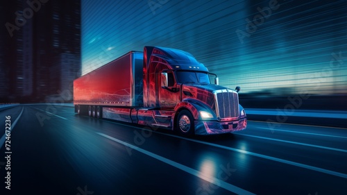 Red semi-truck in motion on highway at night with dynamic light streaks and urban backdrop.