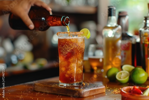 Making a Michelada a Mexican cocktail using beer lime tajin clamato etc photo