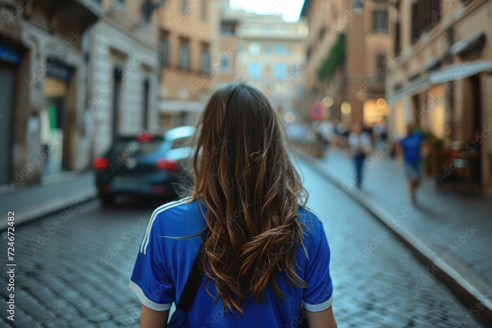 Urban Patriotism: An Attractive Italian Girl, Wearing the National Team Blue Jersey, Roams the Streets, Patriotism, Football Festivities, and the Excitement of Euro and world Cup tournment 