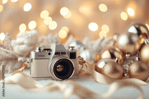 Christmas photo session background. Pastel neutral color background with bokeh. Gold photo camera, Christmas decoration balls and satin ribbons, Generative AI 