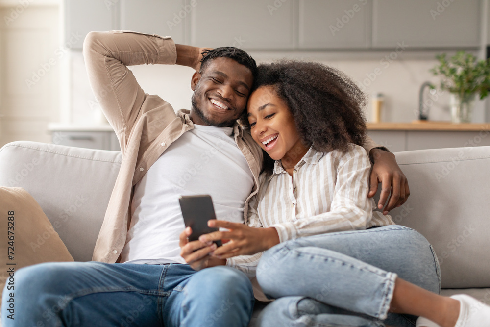 African American Millennial Spouses Using Mobile Phone In Living Room African American Millennial Spouses Using Mobile Phone In Living Room