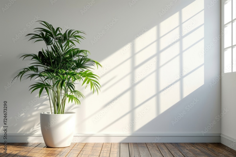 Modern interior mockup template. Light empty space with white wall, wooden floor and green potted plant. Sun rays entering into empty room from the, Generative AI 
