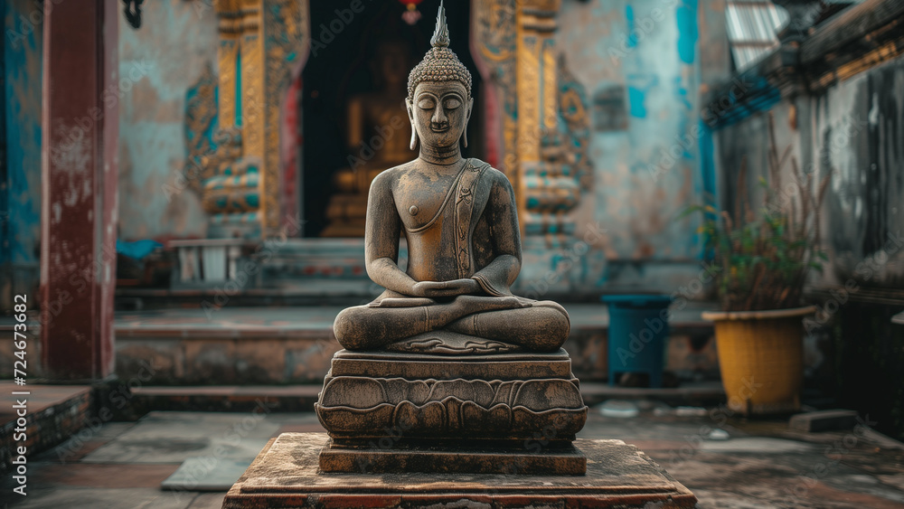 Echoes of the Past: A Quiet Atmosphere in a Temple with an Old Buddha Statue Echoes of the Past: A Quiet Atmosphere in a Temple with an Old Buddha Statue