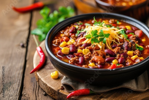 Mexican food with chili con carne on wooden background Bean and corn soup red bean stew photo