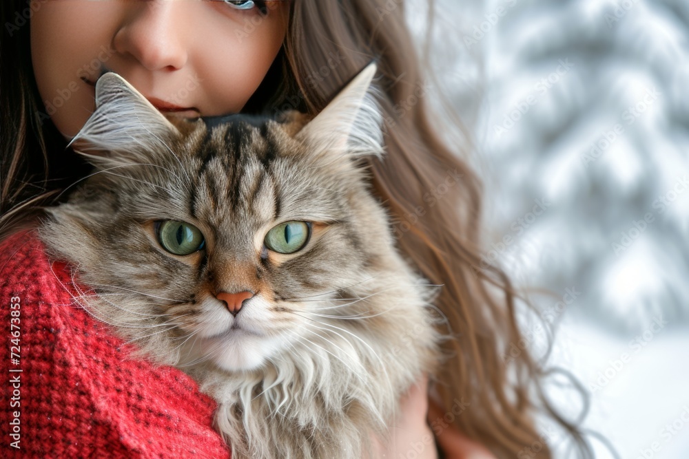 A woman is hugging a large fluffy cat A woman is hugging a large fluffy cat