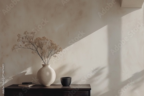 Minimalistic interior with black commode dried flowers sculpture and personal accessories set against a beige wall for home decor Template