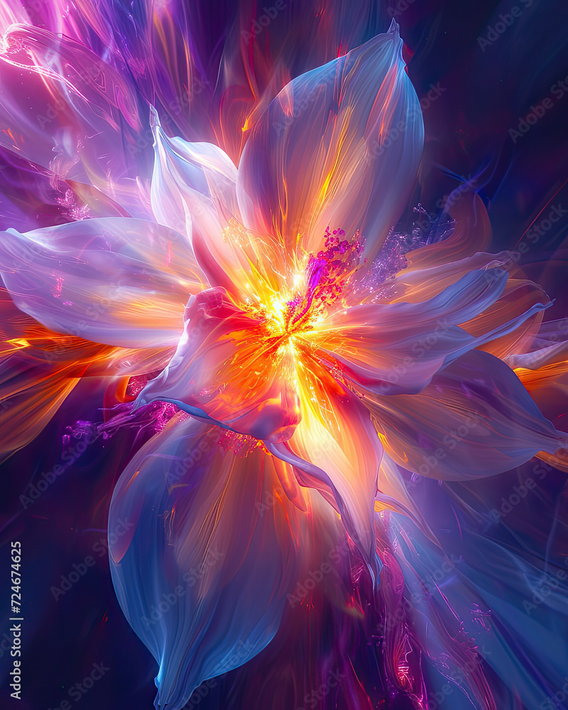 Beautiful painting of a flower dissolving into neon paint. Artistic illustration