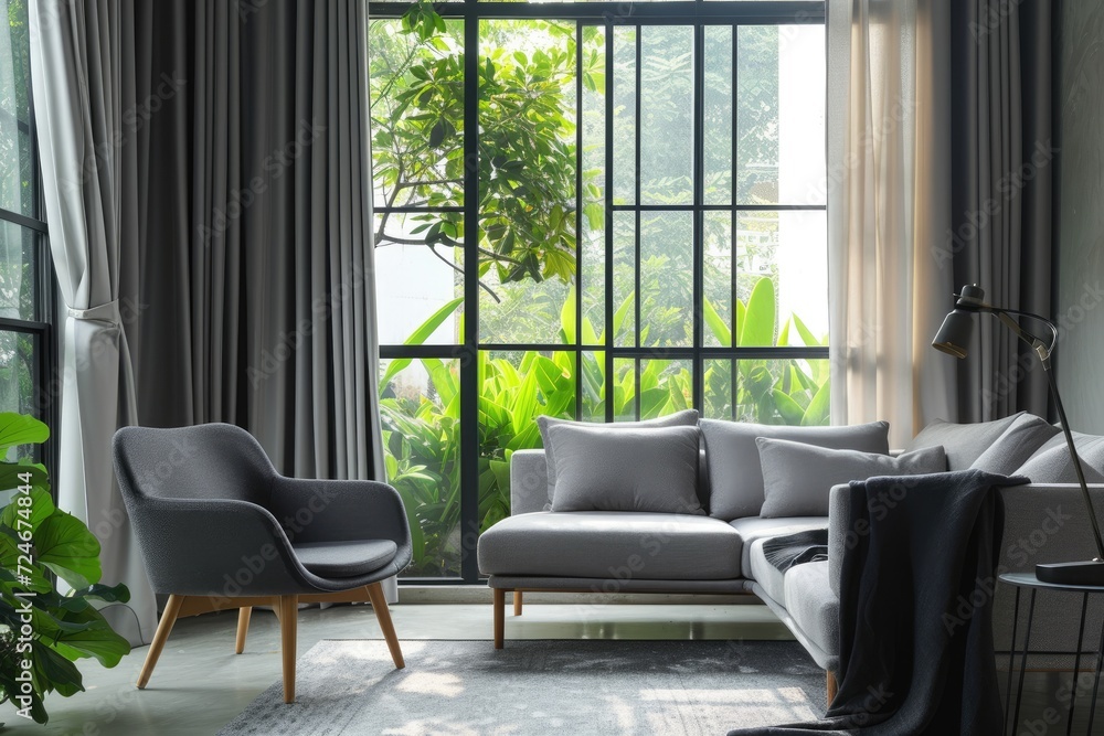 Modern grey living room with garden view and window curtains Sofa carpet chair and decoration Modern grey living room with garden view and window curtains Sofa carpet chair and decoration