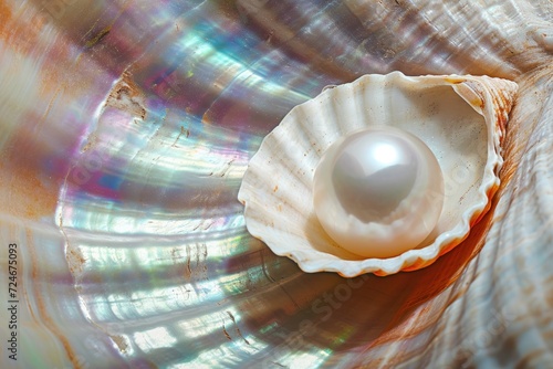 Mother of pearl seashell holds one white pearl photo