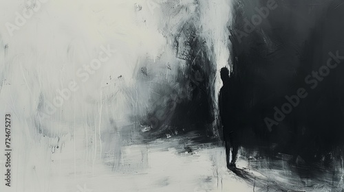 Evoke the emotion of loneliness using a monochromatic color palette with contrasting dark and light tones, and minimal, stark composition. Abstract Art.