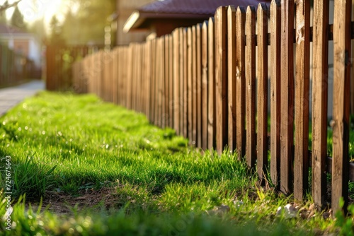 New wooden fence surrounds house Lawn with wooden fence Street photo no people focused