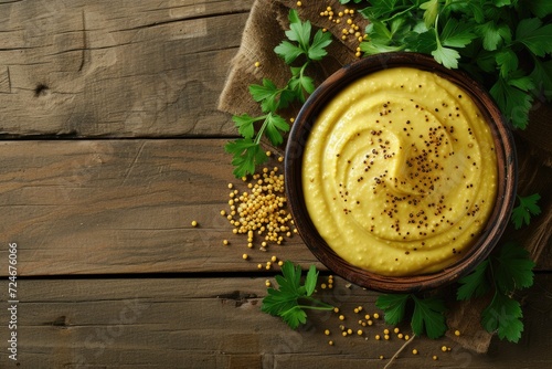 Organic homemade mustard in wooden bowl top view photo