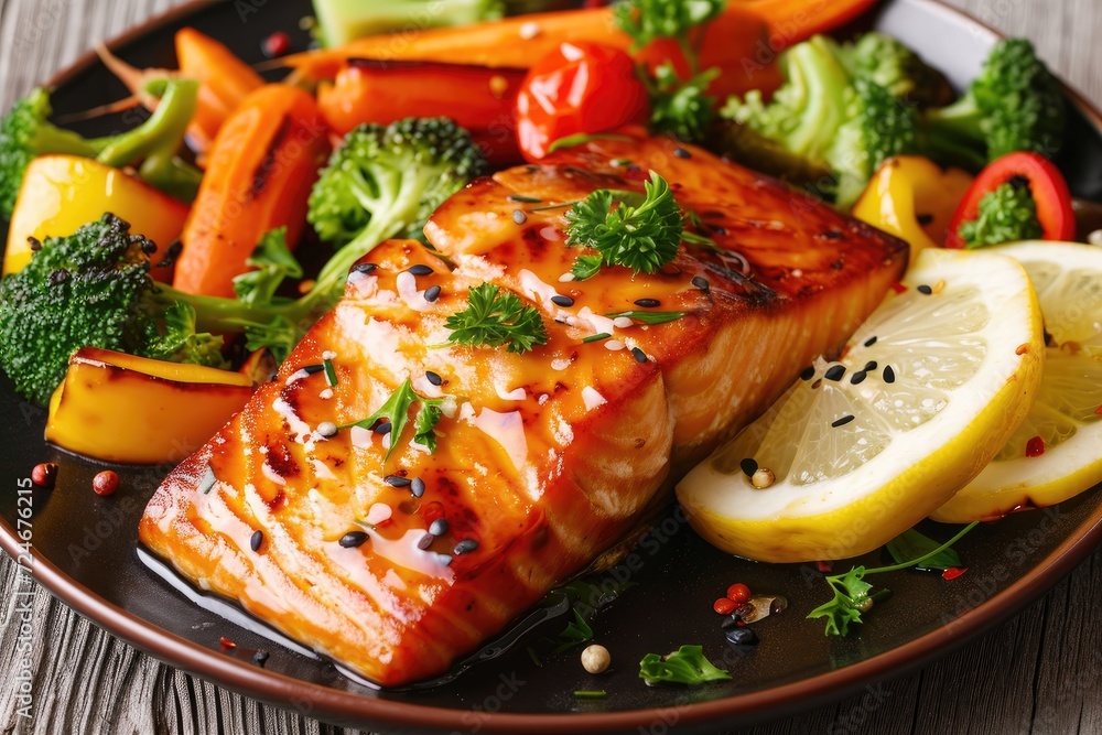 Overhead view of salmon in glaze with vegetables on a plate Overhead view of salmon in glaze with vegetables on a plate