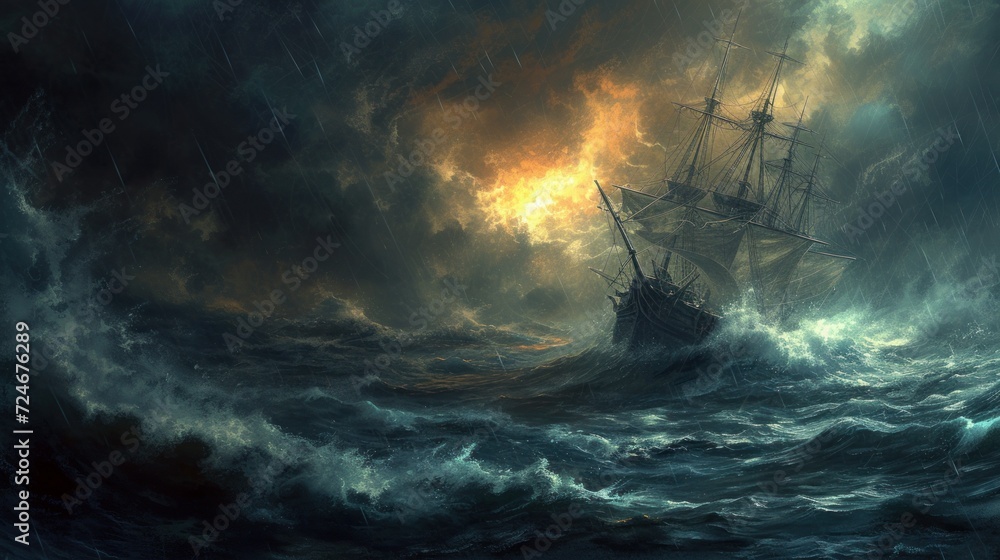 Powerful scene of a stormy sea with a ship battling fierce waves in a dramatic chiaroscuro style influenced by Romanticism. - obrazy, fototapety, plakaty 