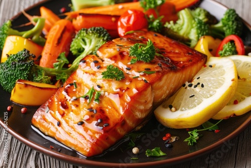 Overhead view of salmon in glaze with vegetables on a plate