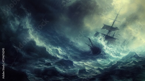 Powerful scene of a stormy sea with a ship battling fierce waves in a dramatic chiaroscuro style influenced by Romanticism. photo
