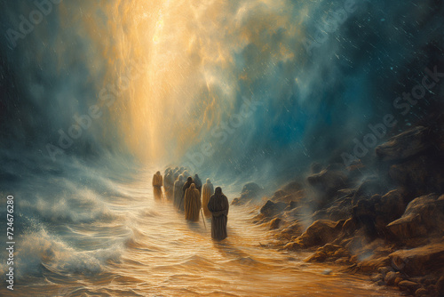 Exodus of the bible, Moses splits the red sea and crosses with the Israelites the water, escape from the Egyptians 