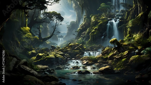 A cascading, sparkling waterfall surrounded by lush, green foliage against a misty, mysterious background