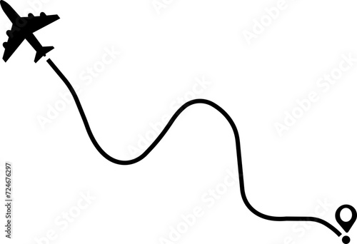 Airplane route path icon. The flight path of the aircraft from the point of location along the line. Flight route from a waypoint with an airplane silhouette isolated on transparent background.