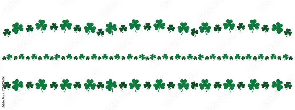clover leaf border line, set of green shamrock dividers for saint Patrick day, horizontal decorative vector elements - obrazy, fototapety, plakaty 