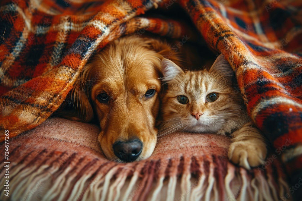 Pets snuggle under a blanket in chilly autumn weather Pets snuggle under a blanket in chilly autumn weather
