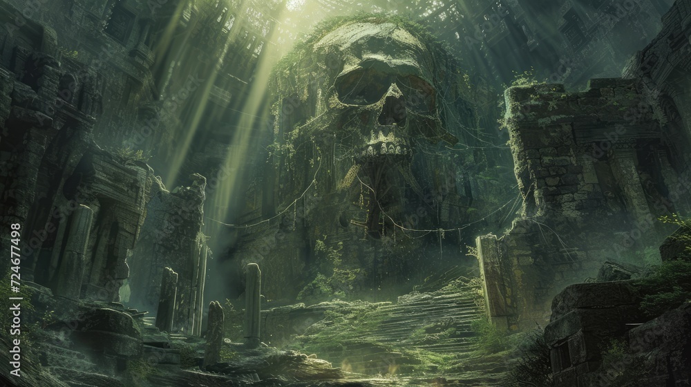 Mysterious cave in the middle of the forest with a human skull. A scary human skull in the stone cave
