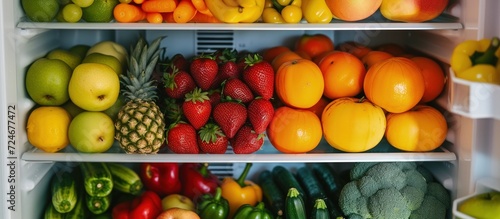 Various kinds of fresh fruit and vegetables are neatly arranged in the refrigerator.