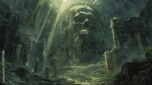 Mysterious cave in the middle of the forest with a human skull. A scary human skull in the stone cave