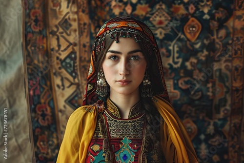 Photorealistic woman standing proudly in traditional attire