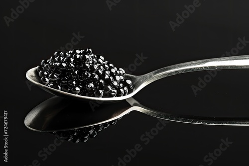 Reflection of delicate Russian beluga fish on a spoon black background