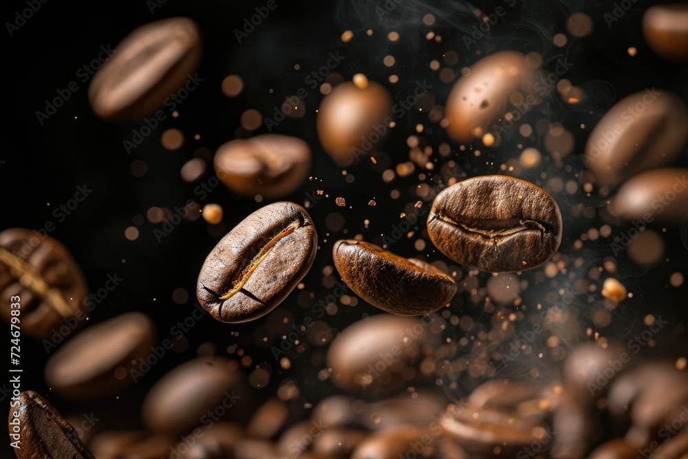 Roasted coffee beans cascading on black symbolizing energizing breakfast Roasted coffee beans cascading on black symbolizing energizing breakfast