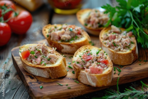 Rustic background with pate covered bruschetta on chopping board