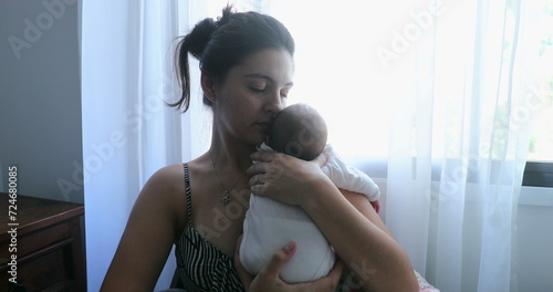 Mother holding newborn baby by window